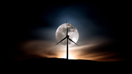 Electricity in nature or clean energy concept. Wind turbine producing alternative energy on a hill at night with a huge moon in the background. Creative decoration with a small miniature. Selective focus.の素材