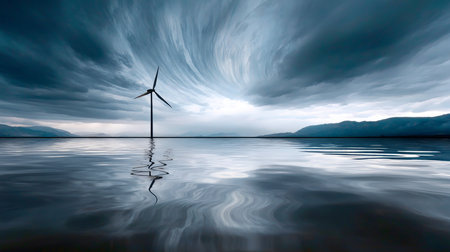 A lonely wind turbine standing on a flooded field, artistic surrealism. Near limes or a river. The concept of an alternative energy source, energy saving and careful attitude to our planet Earthの素材