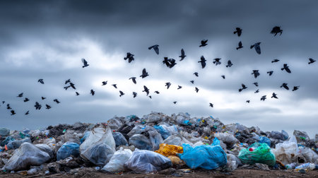 land with garbage, Garbage dump landscape of ecological damage contaminated land., plastic scrap in landfill, environmental problems pollution, waste or trash from household in waste landfill.の素材
