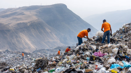 land with garbage, Garbage dump landscape of ecological damage contaminated land., plastic scrap in landfill, environmental problems pollution, waste or trash from household in waste landfill.の素材