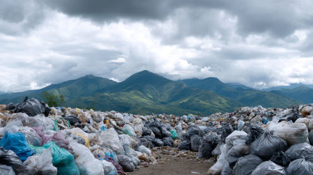 land with garbage, Garbage dump landscape of ecological damage contaminated land., plastic scrap in landfill, environmental problems pollution, waste or trash from household in waste landfill.の素材