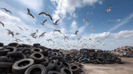 land with garbage, Garbage dump landscape of ecological damage contaminated land., plastic scrap in landfill, environmental problems pollution, waste or trash from household in waste landfill.の素材