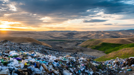 land with garbage, Garbage dump landscape of ecological damage contaminated land., plastic scrap in landfill, environmental problems pollution, waste or trash from household in waste landfill.の素材