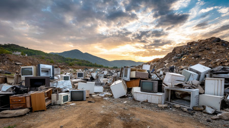 land with garbage, Garbage dump landscape of ecological damage contaminated land., plastic scrap in landfill, environmental problems pollution, waste or trash from household in waste landfill.の素材