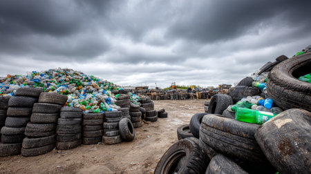 land with garbage, Garbage dump landscape of ecological damage contaminated land., plastic scrap in landfill, environmental problems pollution, waste or trash from household in waste landfill.の素材