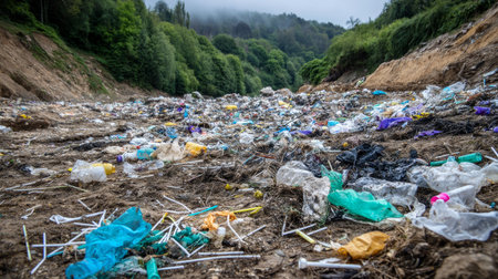 land with garbage, Garbage dump landscape of ecological damage contaminated land., plastic scrap in landfill, environmental problems pollution, waste or trash from household in waste landfill.の素材