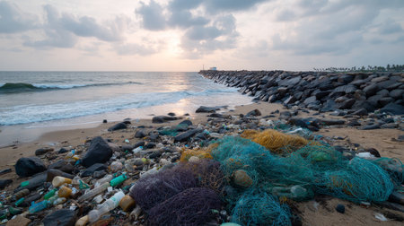 land with garbage, Garbage dump landscape of ecological damage contaminated land., plastic scrap in landfill, environmental problems pollution, waste or trash from household in waste landfill.の素材