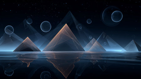 Dark, empty world Minimalistic virtual Futuristic reality with geometric shapes and floating structures and bright light source, floating, smooth gradient, Empty digital world with softly lit clean lines.の素材