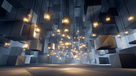 Dark, empty world Minimalistic virtual Futuristic reality with geometric shapes and floating structures and bright light source, floating, smooth gradient, Empty digital world with softly lit clean lines.の素材