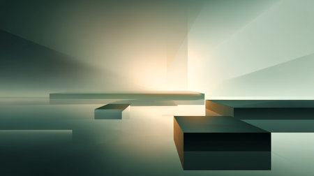 Dark, empty world Minimalistic virtual Futuristic reality with geometric shapes and floating structures and bright light source, floating, smooth gradient, Empty digital world with softly lit clean lines.の素材