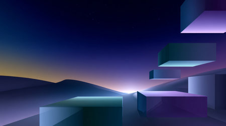 Dark, empty world Minimalistic virtual Futuristic reality with geometric shapes and floating structures and bright light source, floating, smooth gradient, Empty digital world with softly lit clean lines.の素材