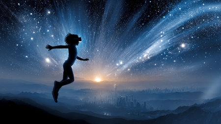 Child using virtual reality headset for metaverse, kid looking in VR glasses. Little girl with futuristic goggles having fun, teen playing video games. Technology, simulator, oculus and future concept.の素材