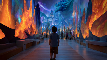 Child using virtual reality headset for metaverse, kid looking in VR glasses. Little girl with futuristic goggles having fun, teen playing video games. Technology, simulator, oculus and future concept.の素材