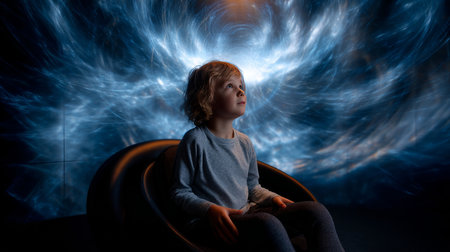 Child using virtual reality headset for metaverse, kid looking in VR glasses. Little girl with futuristic goggles having fun, teen playing video games. Technology, simulator, oculus and future concept.の素材