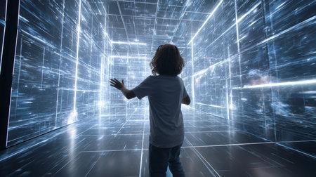 Child using virtual reality headset for metaverse, kid looking in VR glasses. Little girl with futuristic goggles having fun, teen playing video games. Technology, simulator, oculus and future concept.の素材