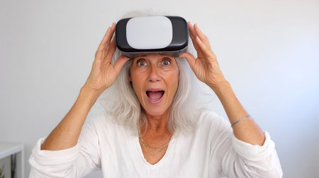 Concept of futuristic technology and fun from the elderly - Mature woman sitting on the sofa at home having entertainment and playing with virtual reality - Happy retired uses vr glasses.の素材