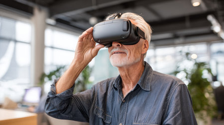 Good-looking handsome senior man using VR 360 glasses at home. Making browse and tap gestures. Concept of active modern elderly people, learning to use contemporary technologies.の素材