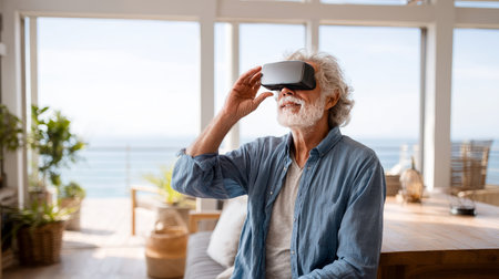 Good-looking handsome senior man using VR 360 glasses at home. Making browse and tap gestures. Concept of active modern elderly people, learning to use contemporary technologies.の素材
