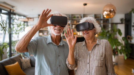 VR, gaming and metaverse with a senior couple playing a video game in their home for fun together. 3d, virtual reality and internet with an elderly gamer and his wife enjoying an immersive experience.の素材
