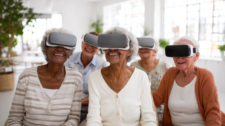 Group of seniors with VR goggles on computer and technology education class. Elderly people learning about virtual reality, using VR headset.の素材