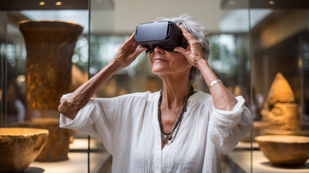 Concept of futuristic technology and fun from the elderly - Mature woman sitting on the sofa at home having entertainment and playing with virtual reality - Happy retired uses vr glasses.の素材