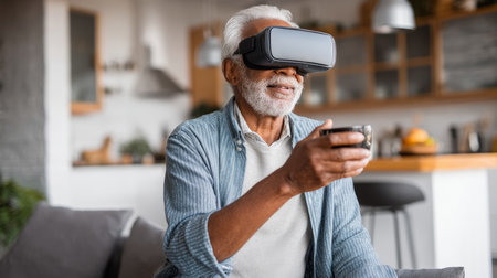 Good-looking handsome senior man using VR 360 glasses at home. Making browse and tap gestures. Concept of active modern elderly people, learning to use contemporary technologies.の素材