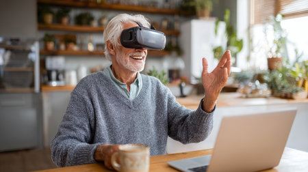 Good-looking handsome senior man using VR 360 glasses at home. Making browse and tap gestures. Concept of active modern elderly people, learning to use contemporary technologies.の素材