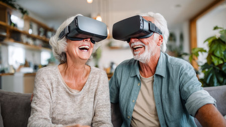 VR, gaming and metaverse with a senior couple playing a video game in their home for fun together. 3d, virtual reality and internet with an elderly gamer and his wife enjoying an immersive experience.の素材