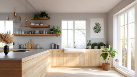 Interior of a modern kitchen with a dining table, chairs, white countertops and a lamp. Concept of buying a new home, an apartment or a house, housewarming and renovation.の素材