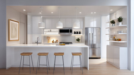 Interior of a modern kitchen with a dining table, chairs, white countertops and a lamp. Concept of buying a new home, an apartment or a house, housewarming and renovation.の素材