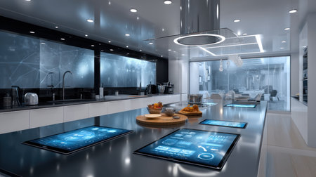 Interior of a modern kitchen with a dining table, chairs, white countertops and a lamp. Concept of buying a new home, an apartment or a house, housewarming and renovation.の素材