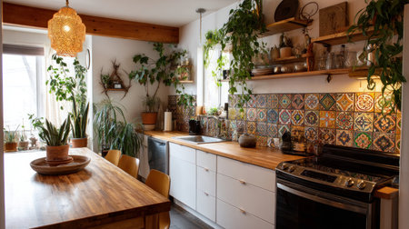 Interior of a modern kitchen with a dining table, chairs, white countertops and a lamp. Concept of buying a new home, an apartment or a house, housewarming and renovation.の素材