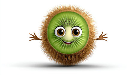 Kiwi with a cheerful face 3d character, transparent background.の素材