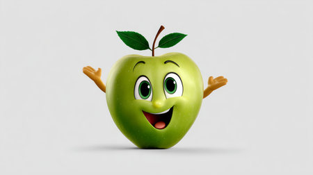 green Apple with a cheerful face 3d character, transparent background.の素材
