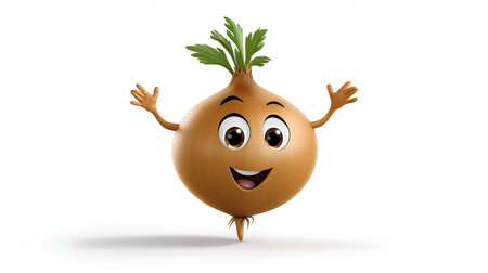 Potato onion with a cheerful face 3d character, transparent background.の素材