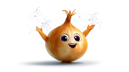 Potato onion with a cheerful face 3d character, transparent background.の素材