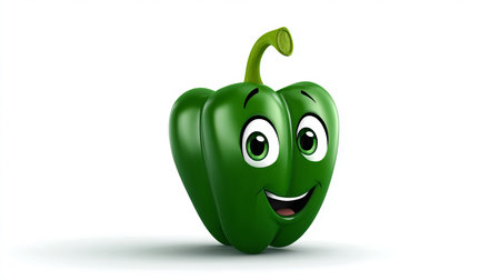 Green pepper with a cheerful face 3d character, transparent background.の素材