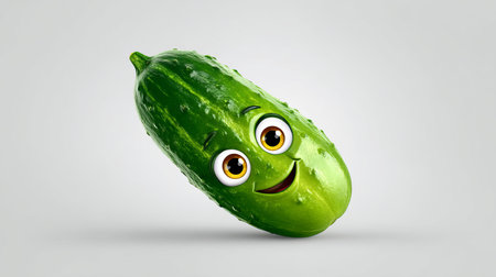 Cucumber with a cheerful face 3d character, transparent background.の素材