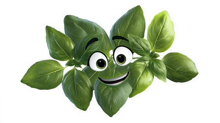 Basil with a cheerful face 3d character, transparent background.の素材