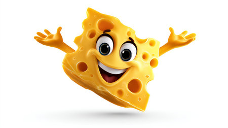 Cheese with a cheerful face 3d character, transparent background.の素材