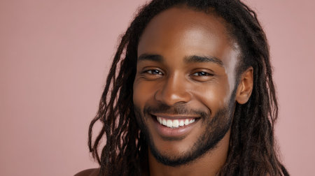 Beautiful elegant red-haired smiling African man with perfect skin and long hair, on a pink background, close-up.の素材
