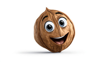 Walnut with a cheerful face 3d character, transparent background.の素材