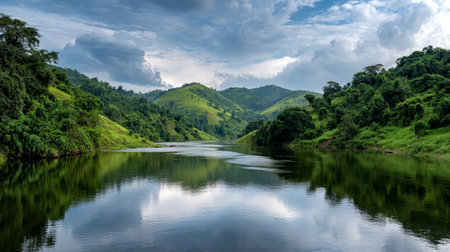 Free space nature background for your decor. Blurred beach background with green coconut palm trees. Sunny day with blue sky and sunlight. Summer time. Beautiful nature sea ocean mountains and landscape, sceneryの素材