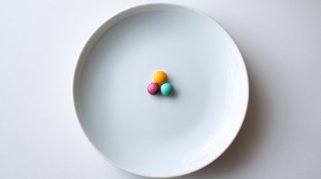 Simple white plate with a single colorful candy piece in the center.の素材
