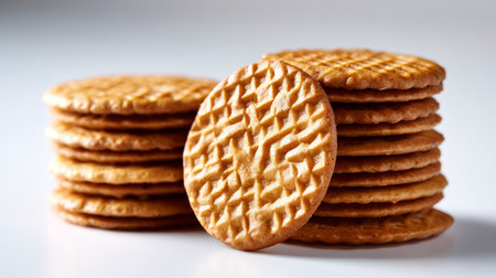 Neatly stacked wafer cookies on a plain white background, bright lighting.の素材