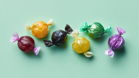Minimal composition of assorted wrapped candies on pastel green background.の素材