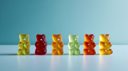 Gummy bears isolated on pastel blue surface, evenly spaced, minimalist style.の素材