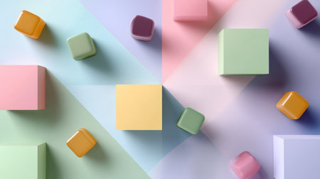 Geometric arrangement of sweets on pastel matte background, minimal shadows.の素材