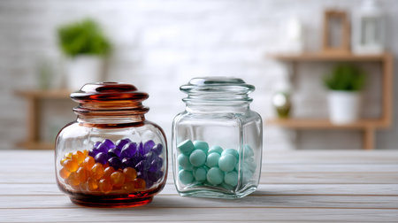 Clear jars with candy on an empty light wood table, soft daylight, minimal elements.の素材