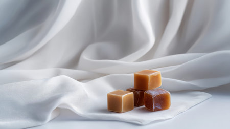 Clean minimal scene with a few caramels on white cloth background.の素材